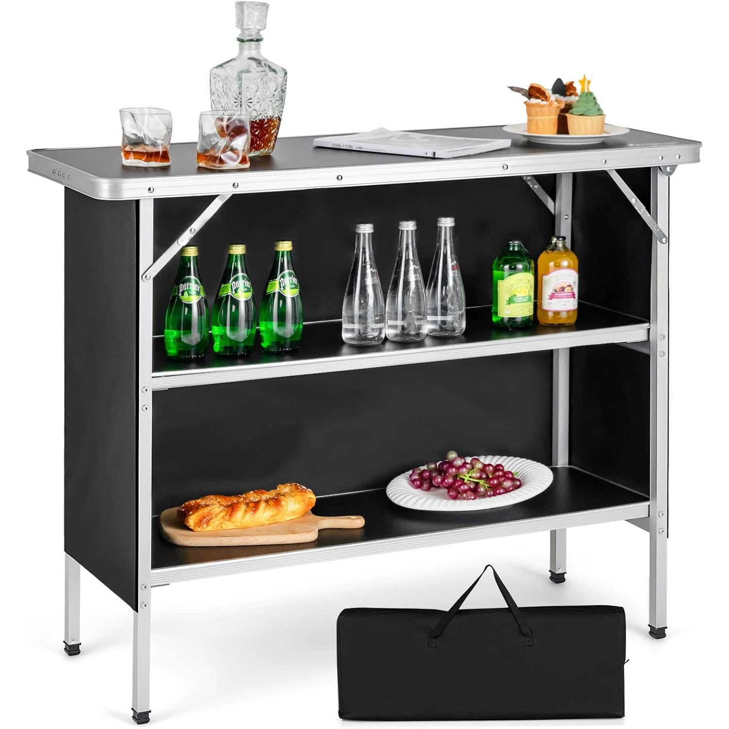 Image of Folding Table, Aluminum Portable Picnic Table With 2-tier Open Shelves & Spacious Tabletop, Oxford Bag Included, For Picnic, Barbecue, Outdoor Party, Black