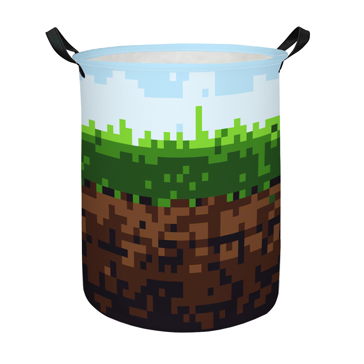 TEMU 1pc 1 Featuring Game-style Pixelated Grass Grid Texture Theme Design Basket Hamper High-capacity Foldable Hamper Round Laundry Basket Hamper