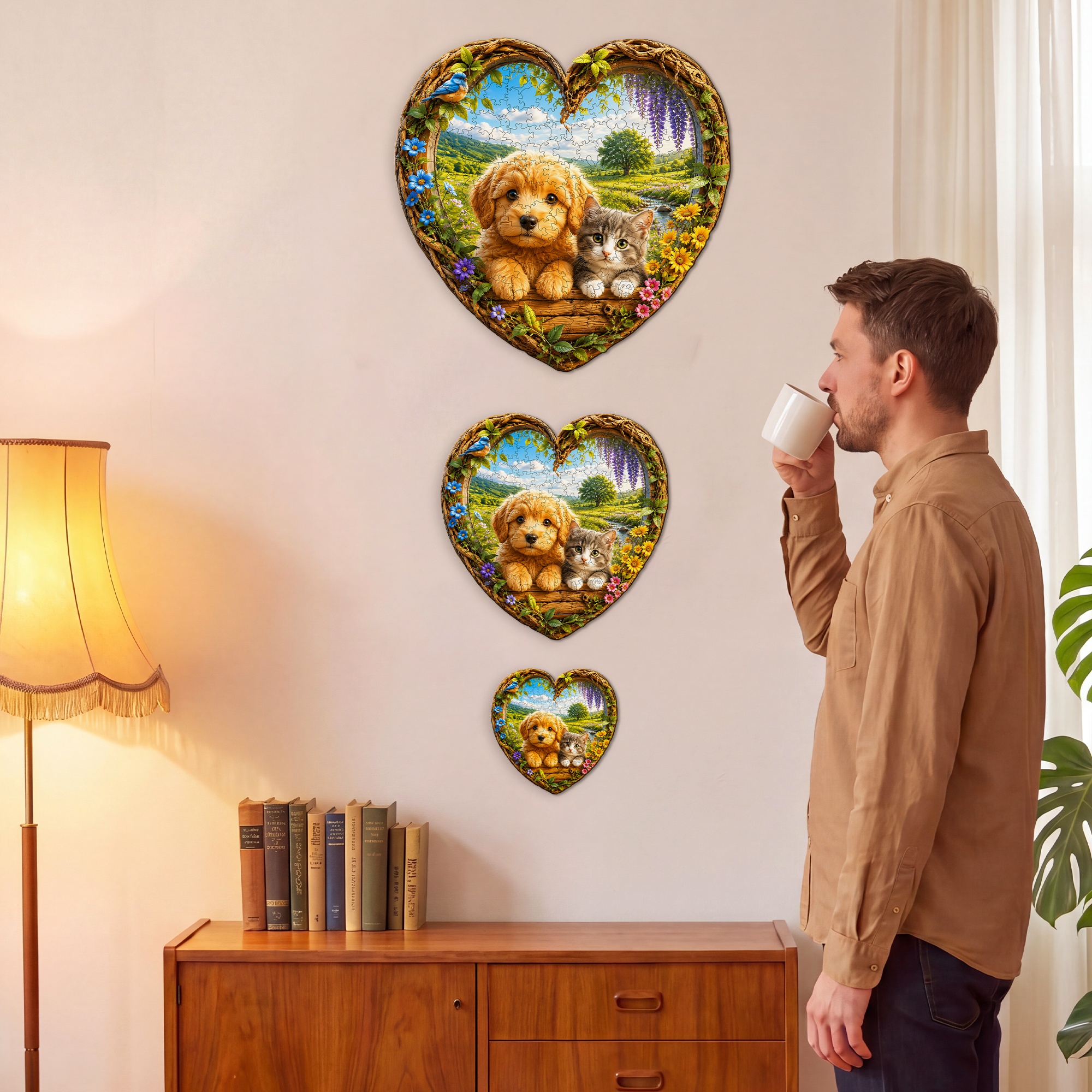 Puppy and Kitten Garden Scene Flat Wooden Puzzle for Kids