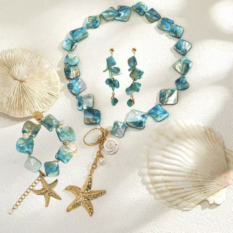 TEMU 3pcs Of Women's Jewelry Set Bohemian Beach Vacation Starfish Turquoise Necklace Earrings And Bracelets Holiday Party Accessories Holiday Gifts
