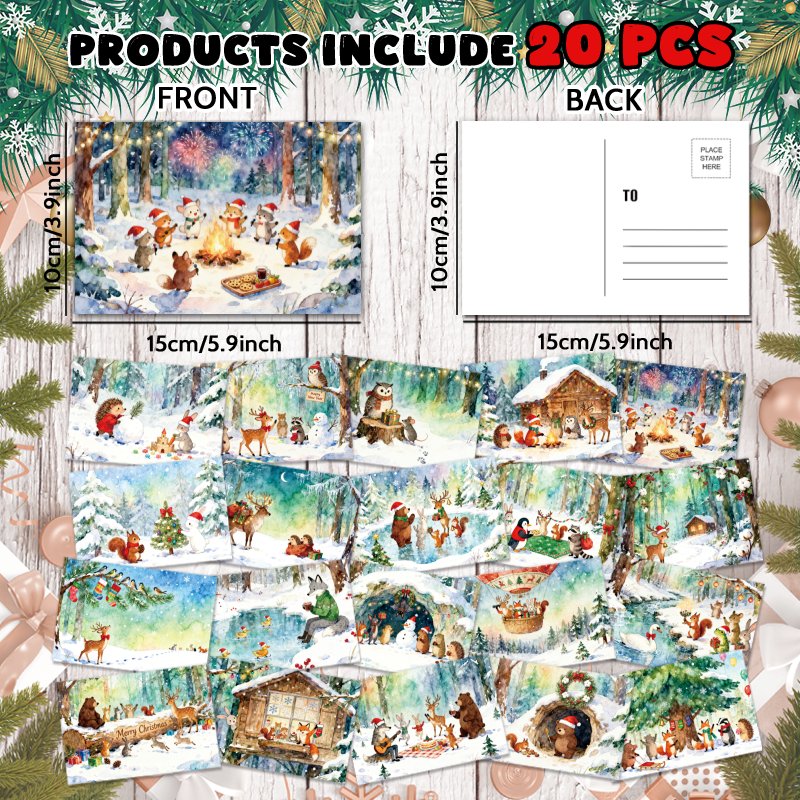TEMU 20pcs Pcs Edition Christmas Postcards Suitable For - Personalizable Forest-themed Animals (, Deer,) - Unique, Thank You Notes, For Luck Wishes -