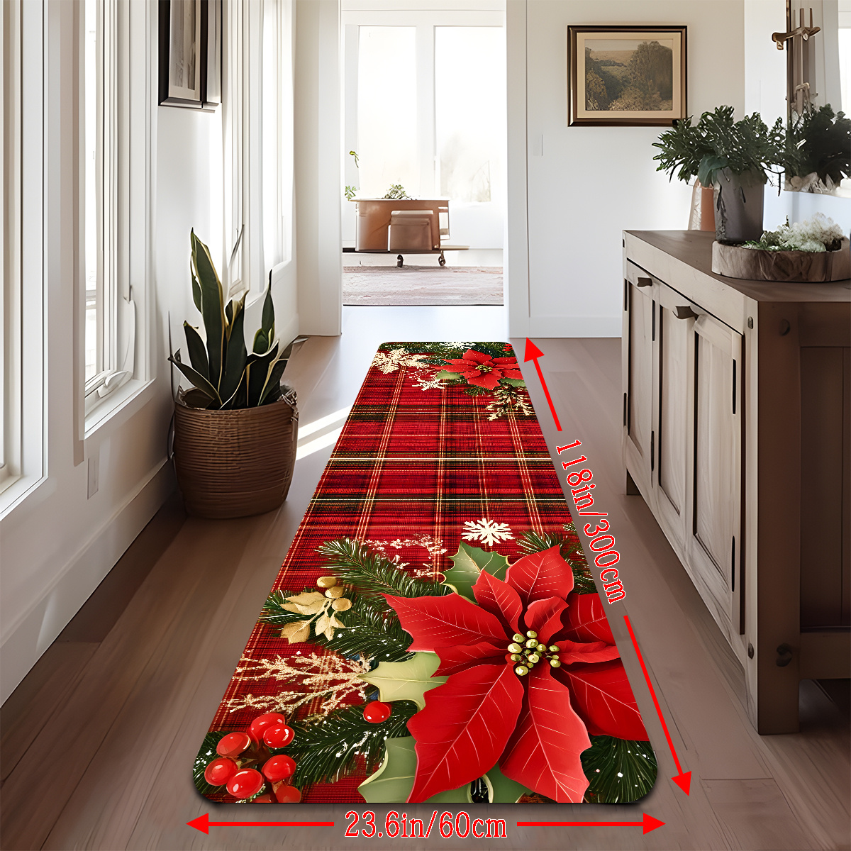 TEMU 1.0cm Thick [non-slip Backing] - 1pc Christmas Light Red Pine Needle Hallway Runner, Multicolor Background Area Rug, Bathroom Mat, Running