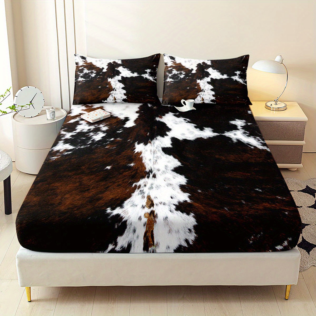 TEMU 3 pièces Housse de Matelas Imprimé Cuir Vache Ensemble Protège-Matelas Queen Literie Chambre ou Salle d'Invités Impression 2D Plate en Polyester