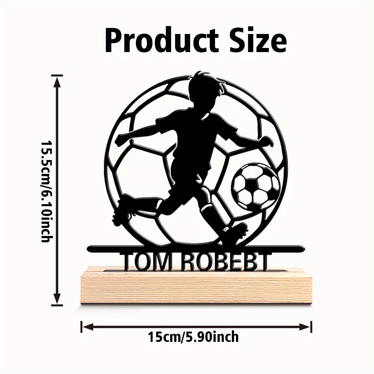 E-shop 1 Stück Personalisierte Fußballspieler-Metallstatue – Individueller Name, Dynamischer Fußballjunge beim Balltreffen mit stabiler Holzsockel –