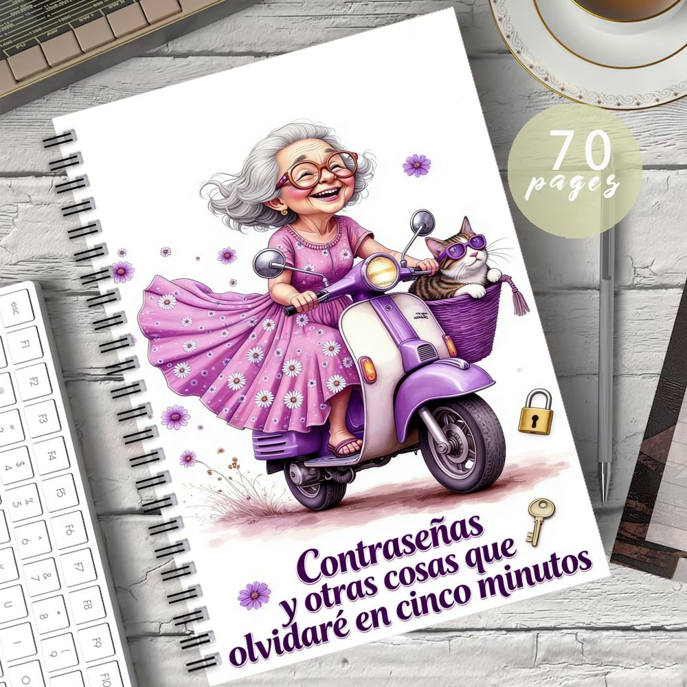 TEMU 1 cuaderno adorable con tema de mujer mayor y gato en patinete registro de de sitios web y contraseñas, organizador de oficina