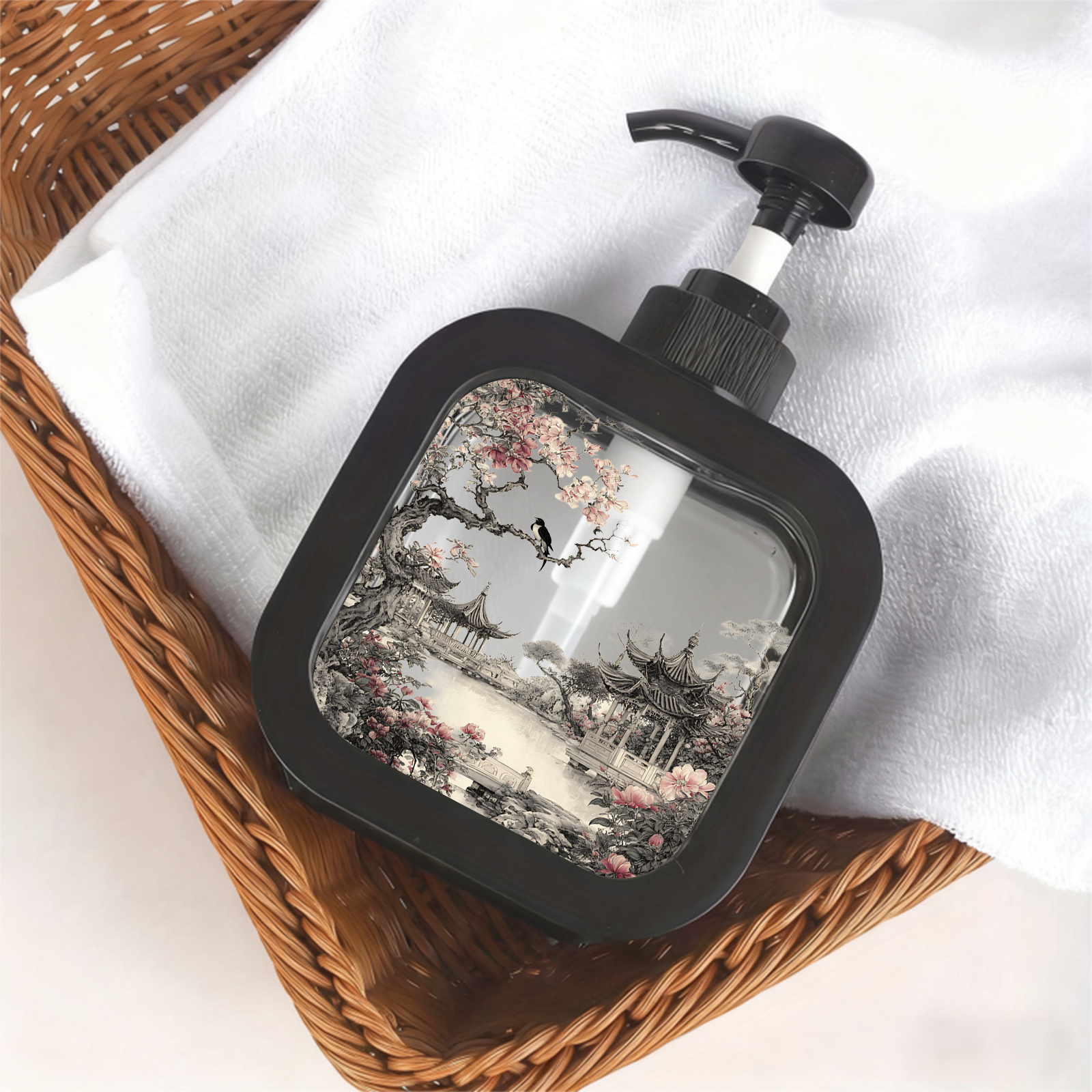 TEMU East Asian Landscape Soap Dispenser With Hand Pump - Soft Pink Blossoms & , Plastic Freestanding Bathroom Refillable Pump Suitable For Soap,