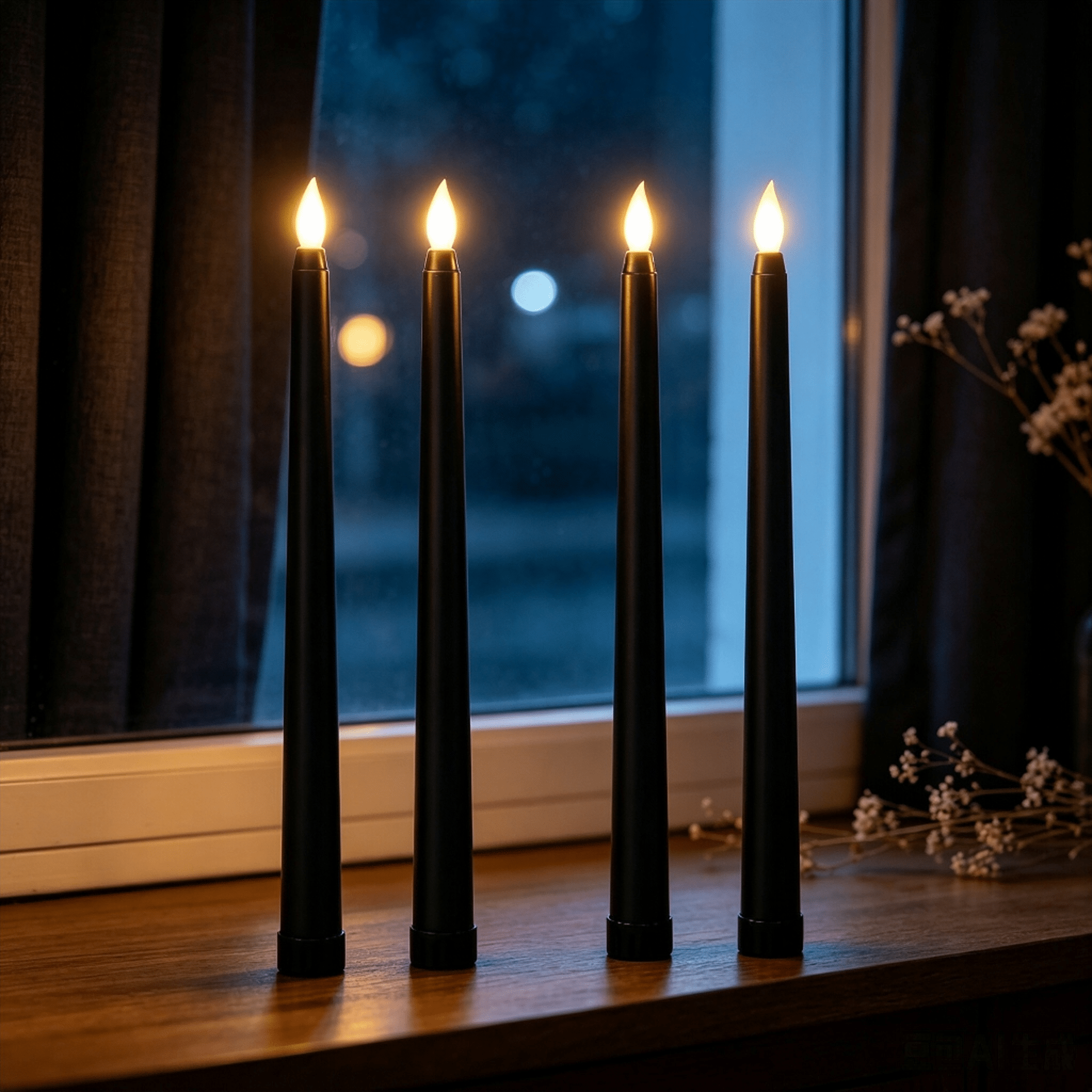TEMU 4-pack Black Flameless Led Taper Candles With Pointed Tips, Battery-powered Conical Candle Bodies, Warm Light With Flickering Realistic Effect,