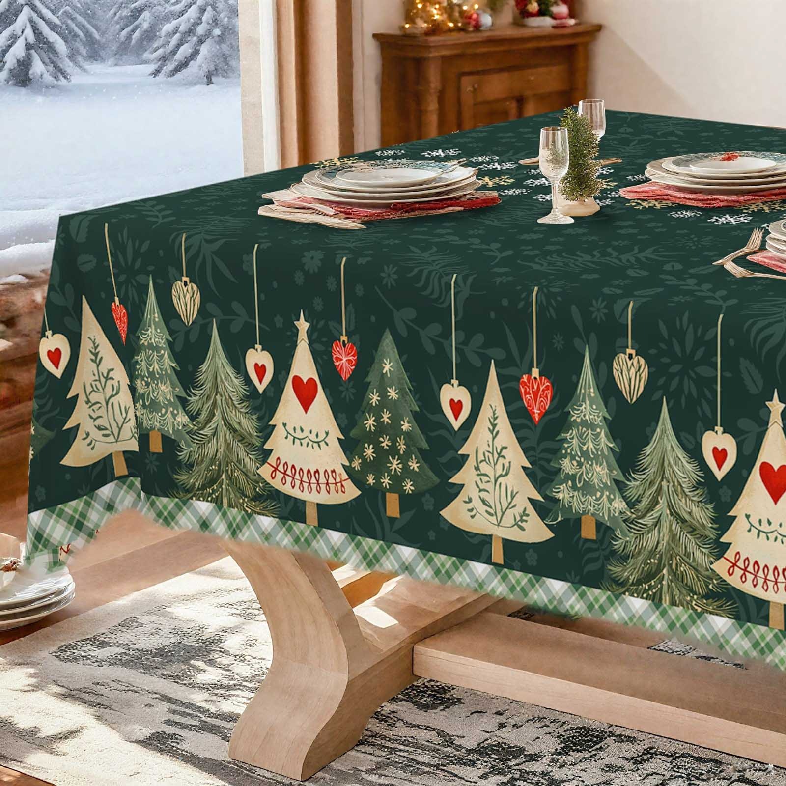 TEMU 1pc Of Elegant Christmas Tablecloth Suitable For Holiday Party Decorations, Featuring Snow Trees, Golden Ornaments, And A Floral Pattern ,