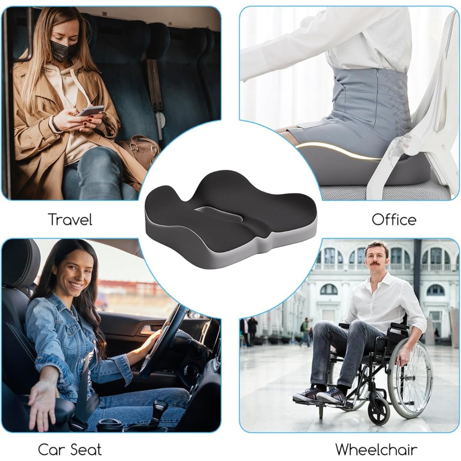 Ergonomic Seat Cushion, Memory Foam Pad With Tailbone Relief , 43x40x10cm, Soft Support Cushion, Fit For Office Chair, Car Seat, Wheelchair, Great For Desk Work, Travel, Gaming & Daily Use