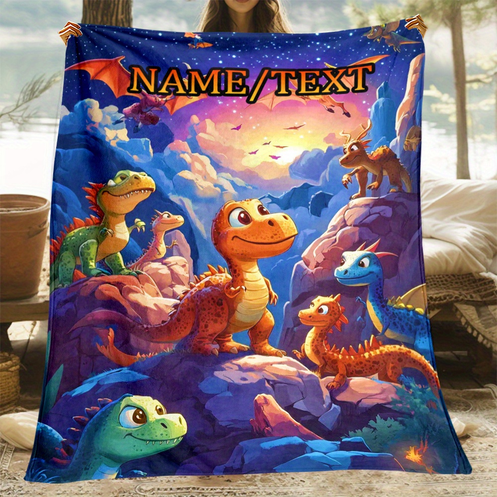 

1pc Cozy Customizable Cartoon Dinosaur Flannel Throw Blanket - Personalized Name , Soft Warm Fleece For Sofa, Bed, Travel - Polyester, No Feather, Gift For Family Or Friend