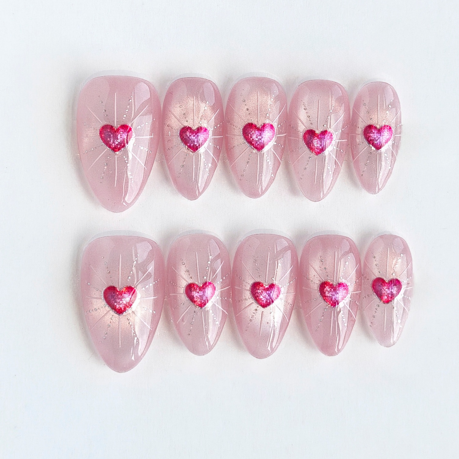 TEMU 10pcs Handmade Press On Nails Suitable For Summer Short Almond Shape With Pink Transparent Laser Heart Tips - Glossy False Nails For Women, For