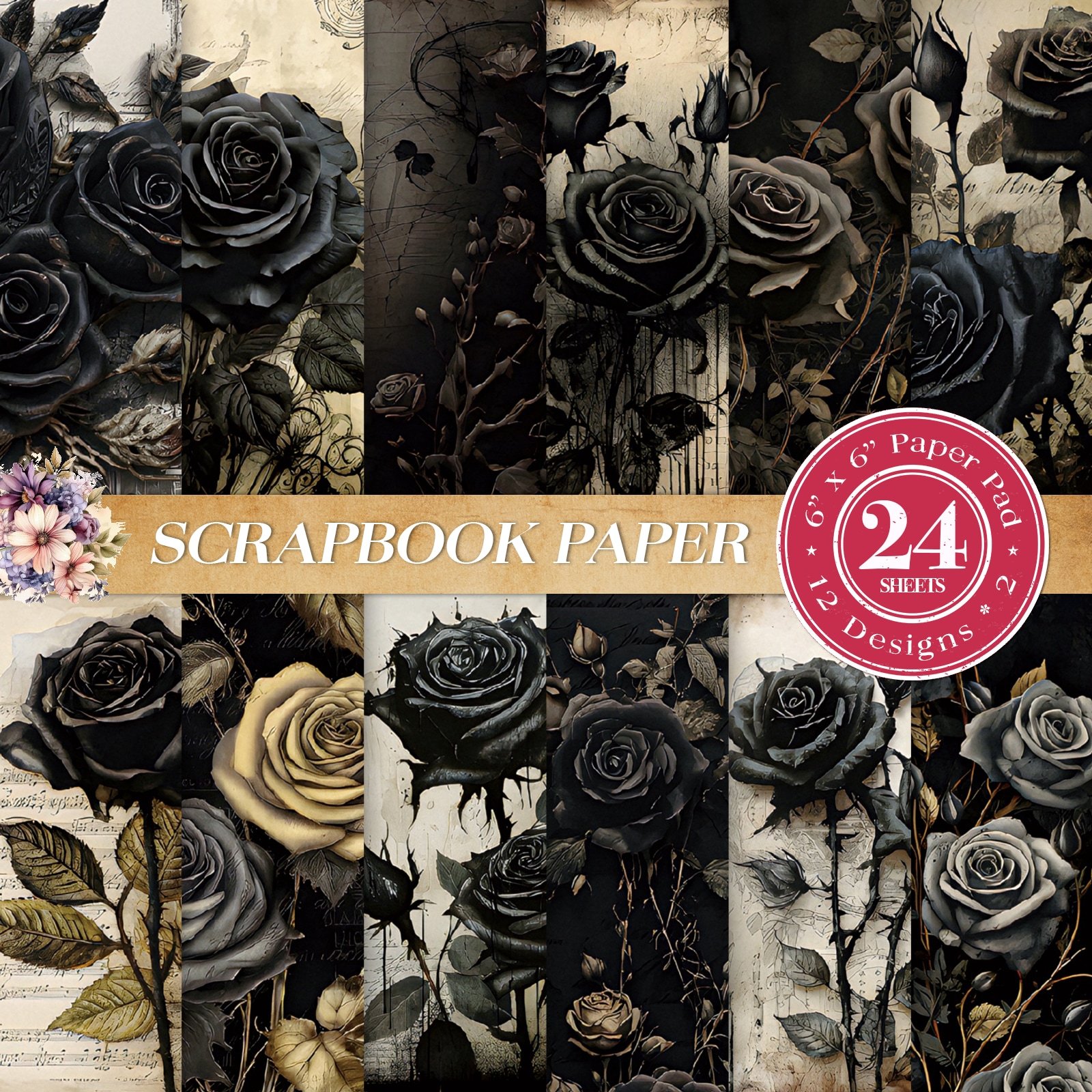 

24pcs Gothic Scrapbooking Paper, 6x6 Inch, Vintage Style, Single-sided Patterns In Black/golden/gray, Acid-free Cardstock For Diy Journals, Handmade Cards, Album Crafting & Gift Wrapping