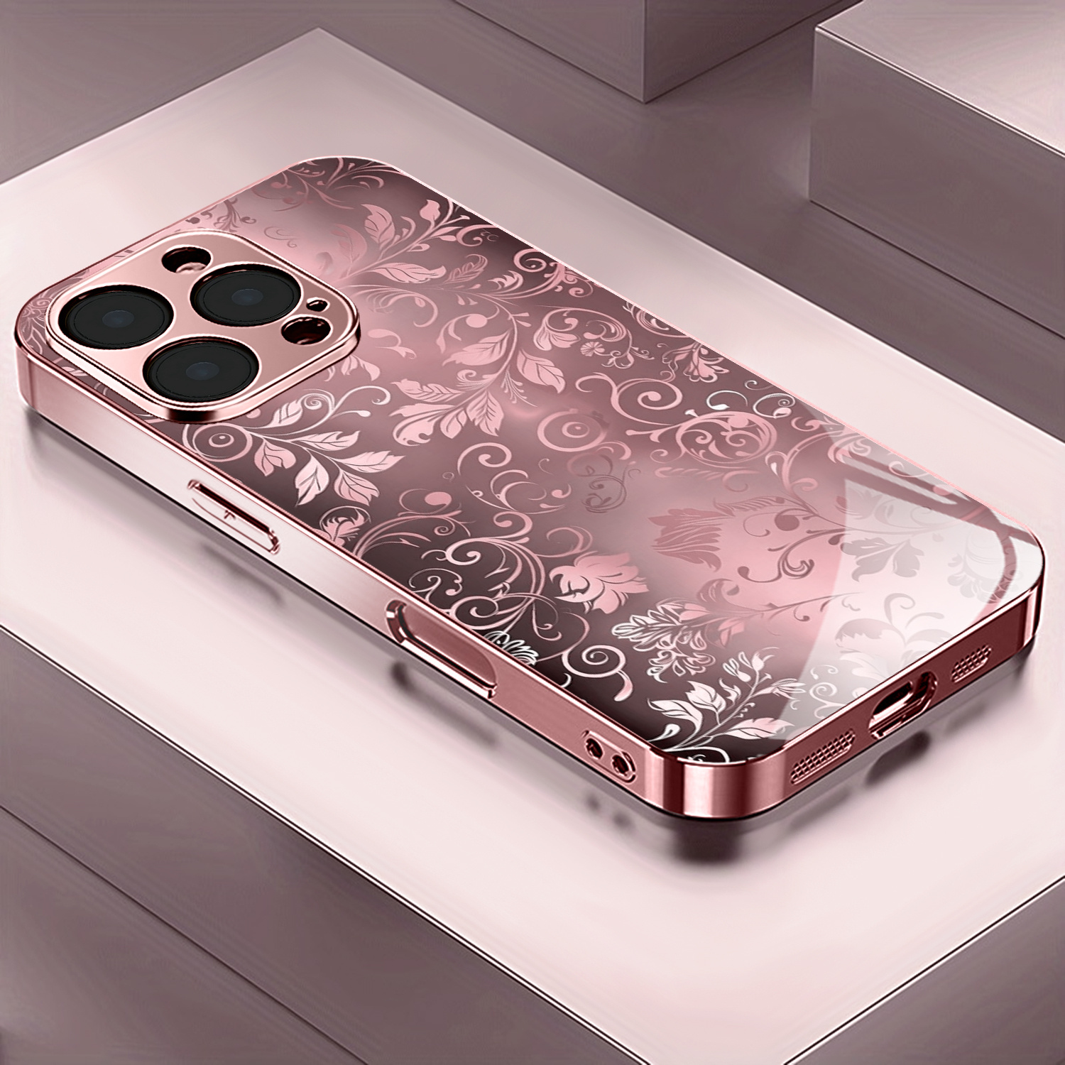 TEMU Phone Case - Floral Pattern Rose Golden/electroplated Pink Phone Case Cover For Iphone 17/17 Pro/17 Air/17 Pro Max/16/16 Pro/16 Plus/16 Pro Max/