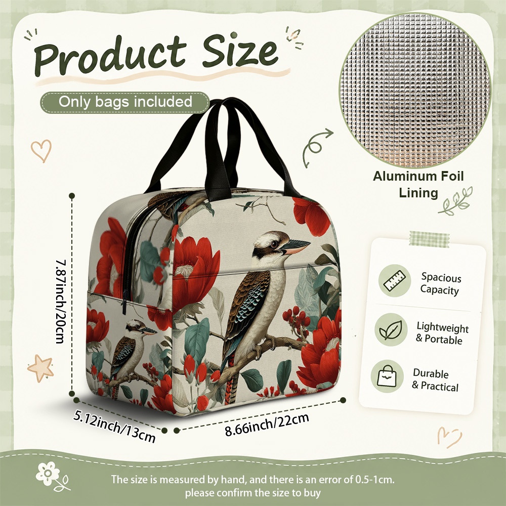 TEMU 1pc 2d Flat Portable Insulated Lunch Bag,reusable Thermal Bag With Christmas Red Flowers Illustration,polyester Fabric | Great For