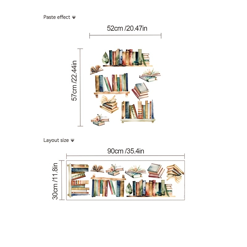 TEMU 1pc Watercolor Simulation Bookshelf Book Wall Sticker, Multi-set Retro Book Arrangement Patterns Suitable For Bedroom, Living Room, Study, And