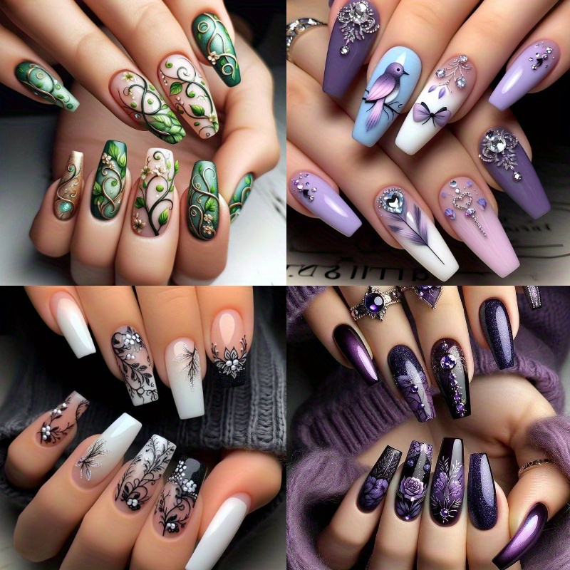 TEMU A Set Of 96 Ballet-style Artificial Nails In 4 Packs, Featuring A Design With , Embodying Sweet And Love. Are Bright And Sparkling, With Prints,