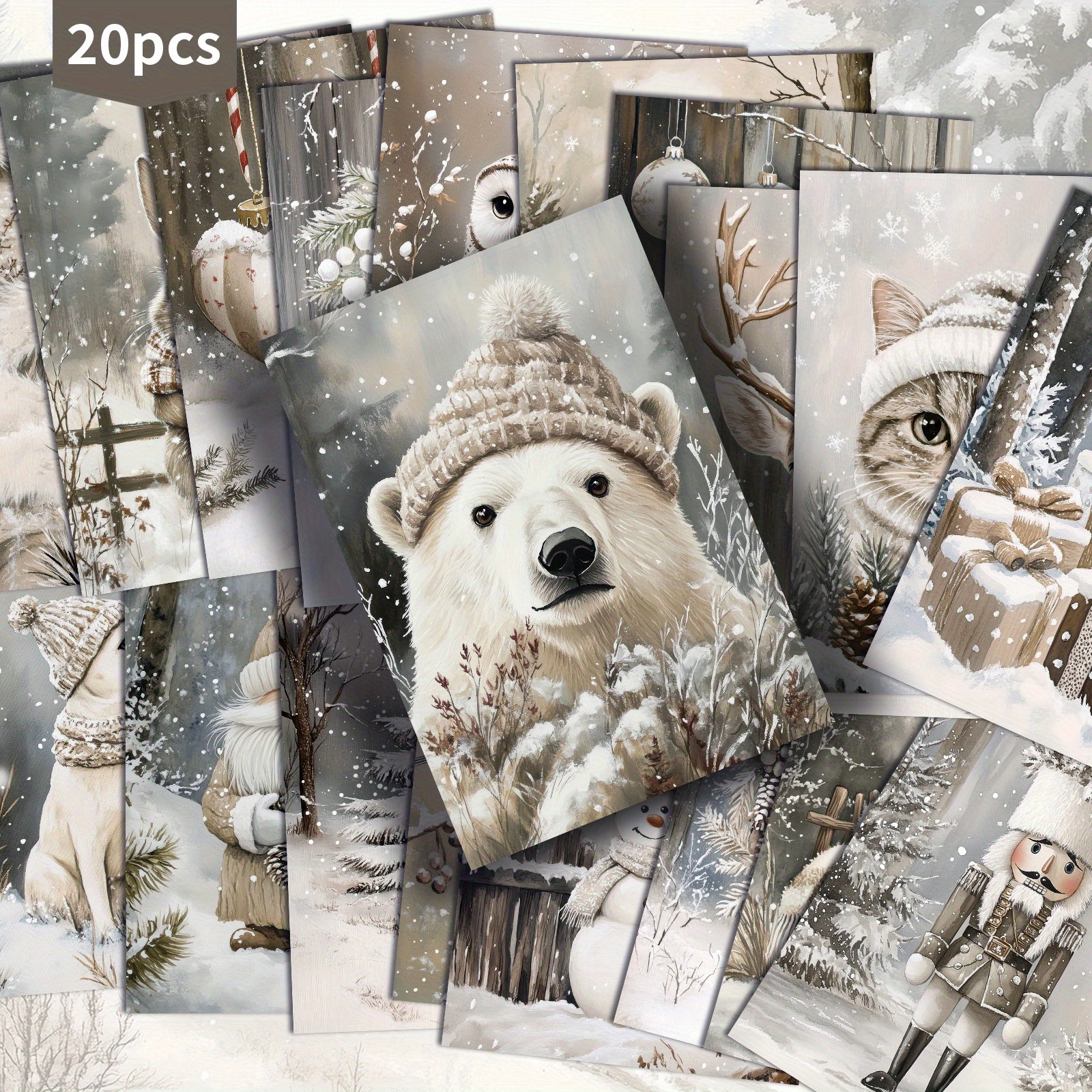 TEMU Ensemble de 20 cartes de Noël de style vintage avec des animaux d'hiver en gris et marron, mesurant 4X6 pouces. Parfaites pour les journaux de