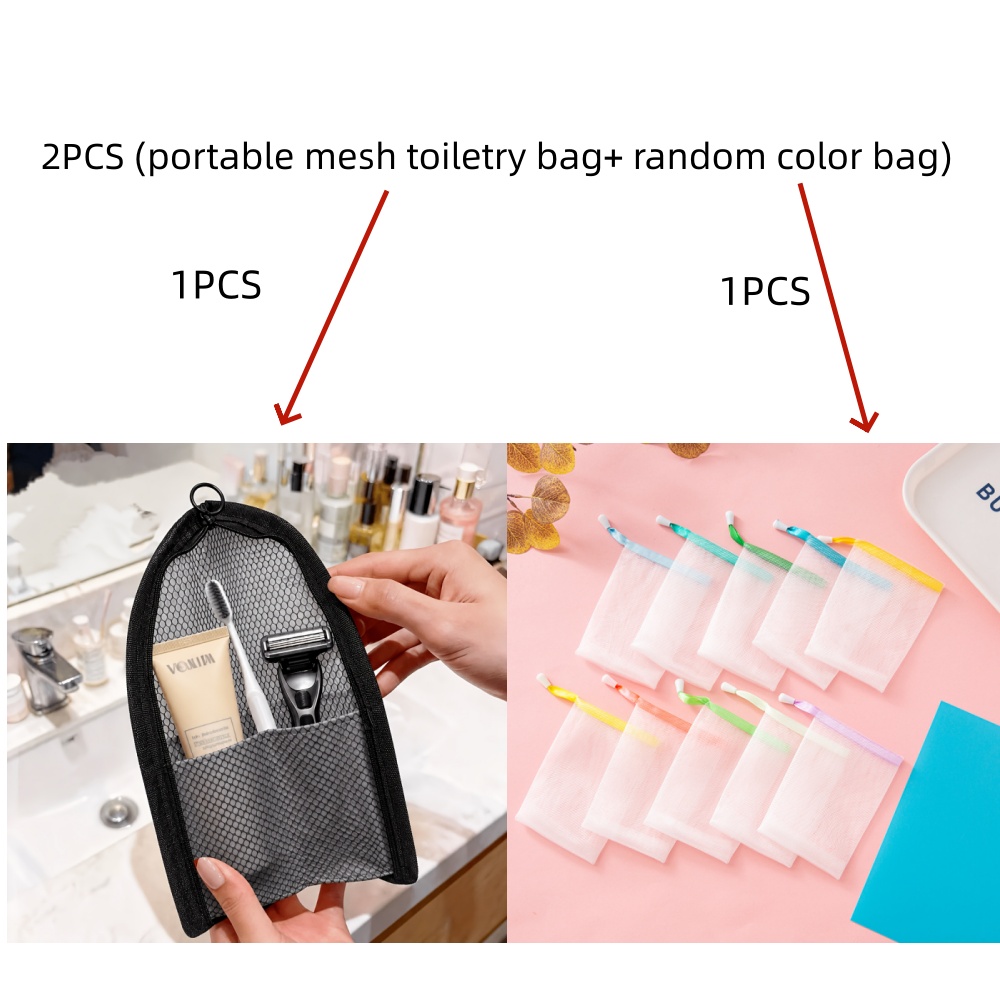 TEMU 2pcs Set (portable Mesh Toiletry Bag And Random Color Bubble Mesh Pocket) Small Travel Toothbrush Storage Bag Multi-functional Makeup Brush