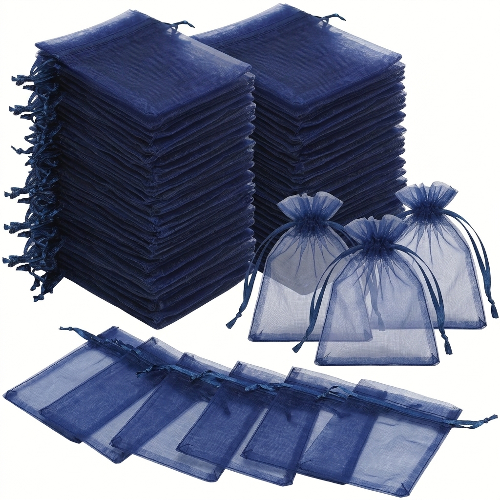 TEMU Lot de 96 sachets en organza voilé bleu marine avec fermeture à cordon ruban - léger adapté pour de mariage, le rangement de bijoux,