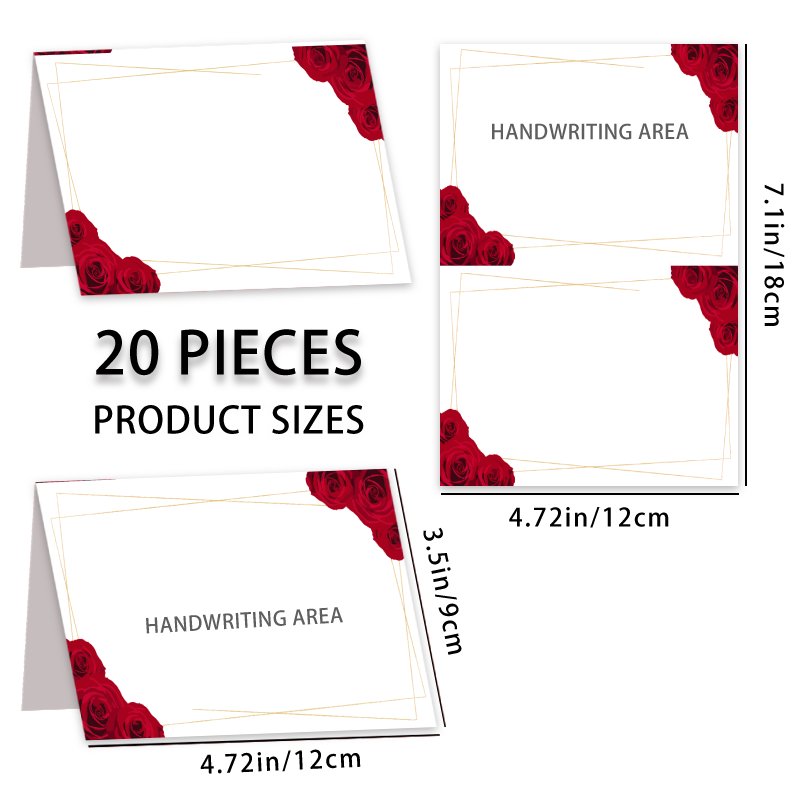 TEMU 20pcs Elegant Floral Handwritten Table Cards - Weddings, Birthdays, Anniversaries & More - White With Red Roses Design, Includes "handwriting