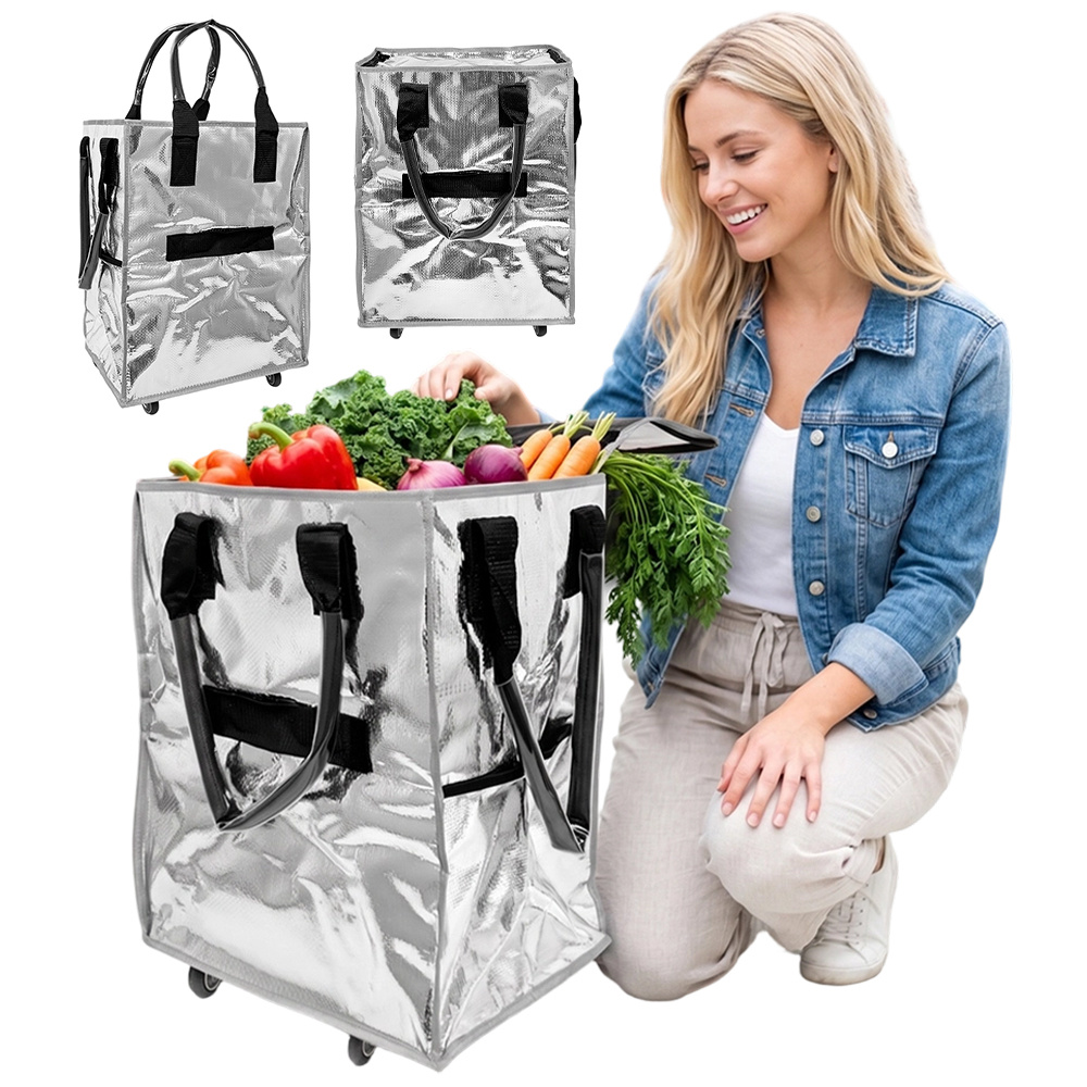 Image of 10l Foldable Shopping Trolley Bag, Silver Collapsible Handcart, Insulated Shopping Bag With Bottom Wheels, Upright Mesh Side Pockets Handcarts For Grocery Transport, Market Shopping, Camping And Daily