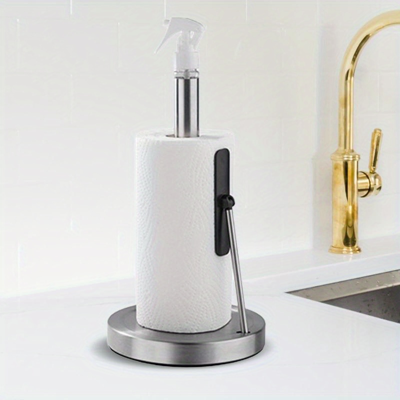 Heavy Duty Stainless Steel Kitchen Towel Stand & Paper Towel Holder with Spray Bottle Holder - Countertop Mount, Space-Saving Design, Modern Style for Home & Office (Style B)