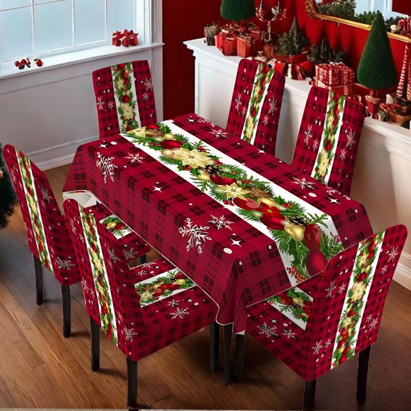 TEMU Scopri un Elegante Set di Coprisedie e Tovaglia Stampati con Elementi Natalizi, 5pz/7pz. Il Set da 5pz 1 Tovaglia e 4 Coprisedie, Mentre il Set
