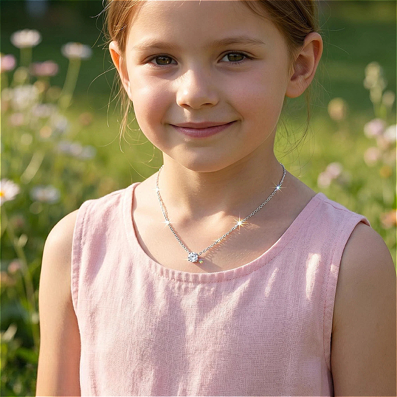 Children's 925 Silver Moissanite Four-Prong Necklace