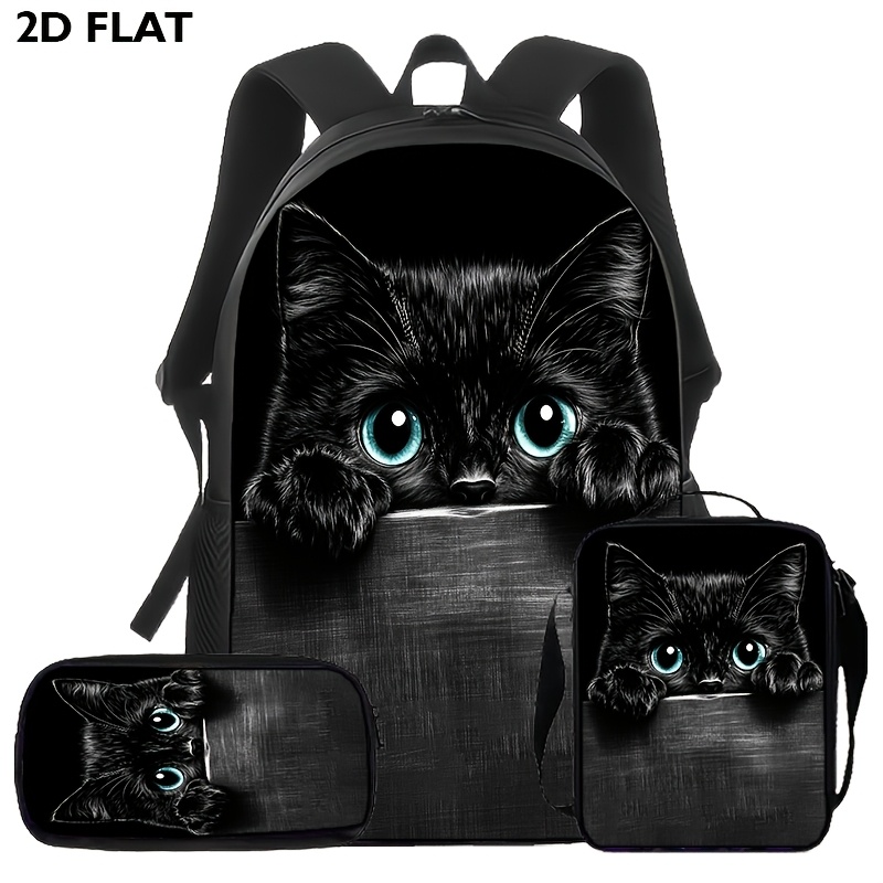Image of 3pcs Black Cat Theme Backpack And Pencil Case Set - Large Capacity Bookbag With Adjustable Straps, Laptop Compartment, Zipper Closure, Lightweight Design For Daily And Casual Use, 2d Flat Printing
