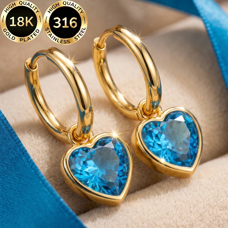 TEMU 1 Pair High-quality Steel 18k Golden Plated Hypoallergenic Face-shaping Light Luxury Sweet Sparkling Heart-shaped Lake Blue Synthetic Zirconia