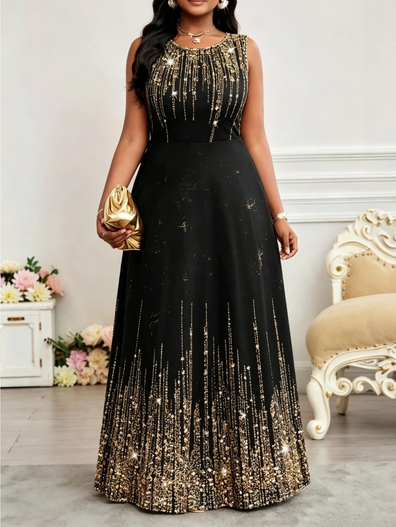 Plus Size, Plus Size Sophisticated Black Golden Luminous Waterfall Glitter Prom Gown, Sleeveless Round Neck A-Line Floor-Length * Formal Maxi Evening Dress