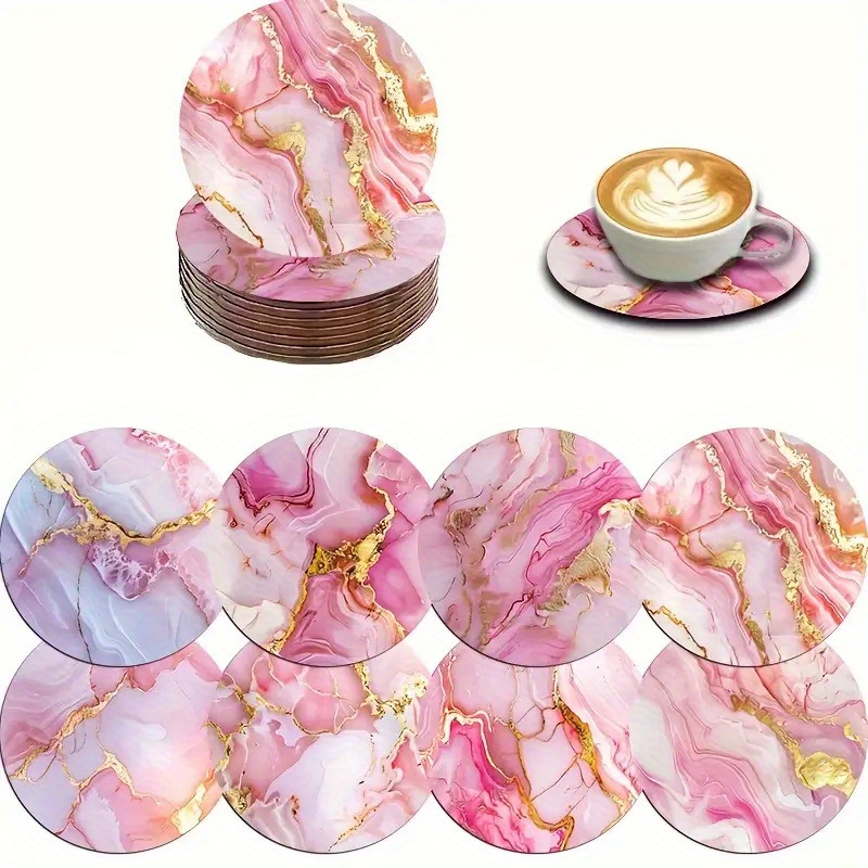 E-shop 8er-Set Untersetzer aus Holz mit rosa Marmormuster, Auto-Getränkehalter und Tee-/Kaffee-Untersetzer – Unverzichtbar für den Esstisch zu Hause,