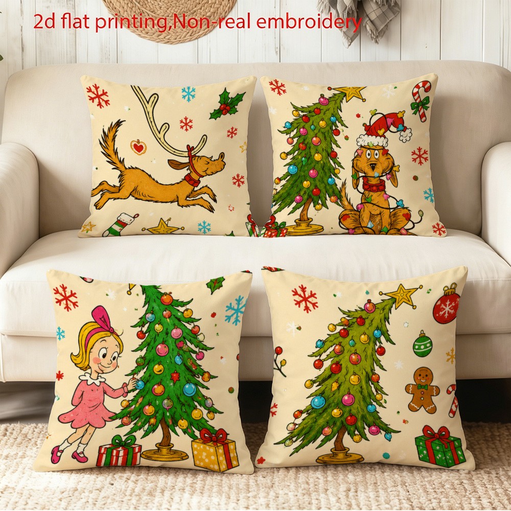 TEMU Lot de 4 housses de coussin de décoration plates 2D à thème de Noël, avec de chien ressemblant à un , chien avec , fille décorant un sapin, de
