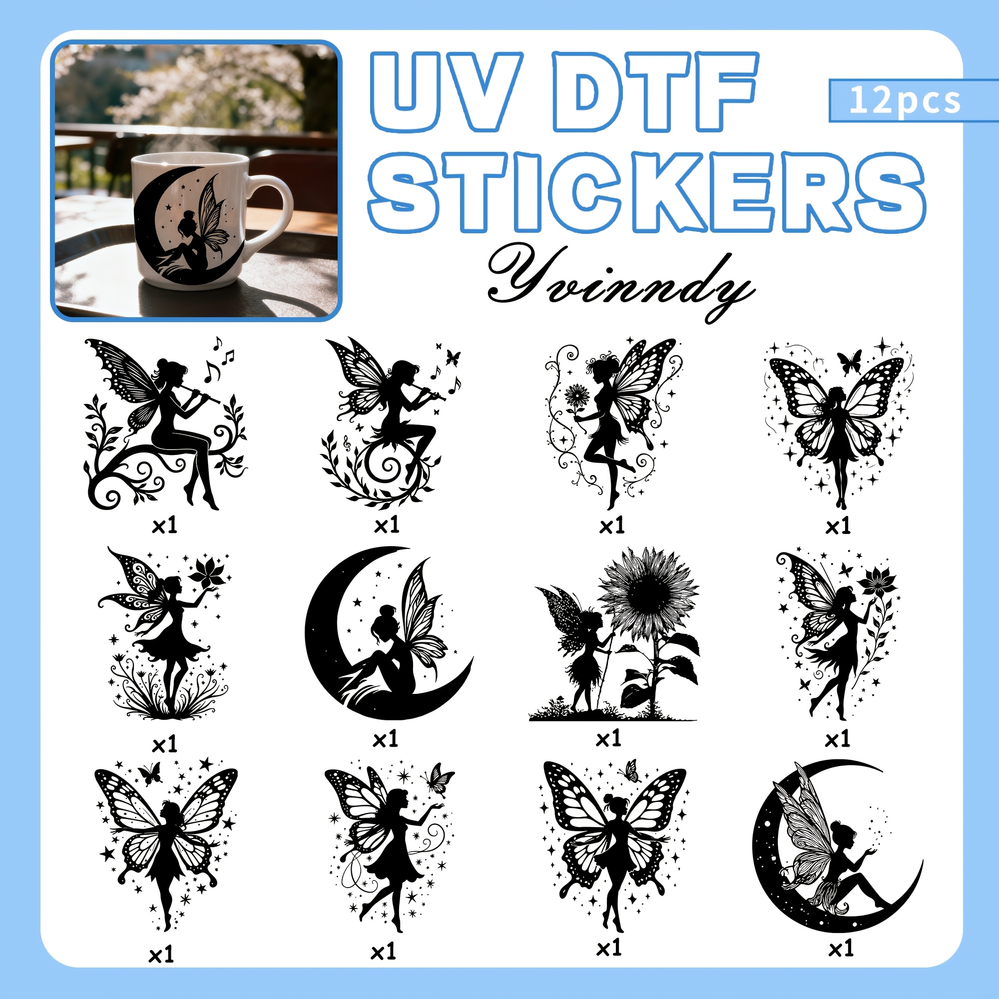 TEMU Lot de 12 autocollants de transfert UV DTF - Manchons de tasse fantaisie magique à faire soi-même, avec de et de fleurs, adaptés aux gobelets de