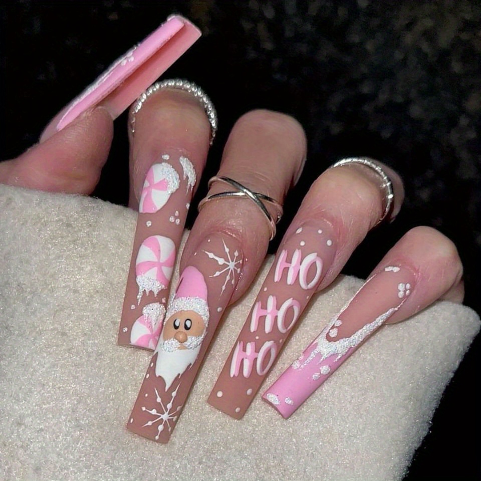 TEMU 24pcs Of Pink Christmas Holiday Nail Long T Christmas And Snowflake Decoration Pattern Wearing Nail Plate, With English Letter Decoration Nail Plate, Suitable For Christmas And Daily Life
