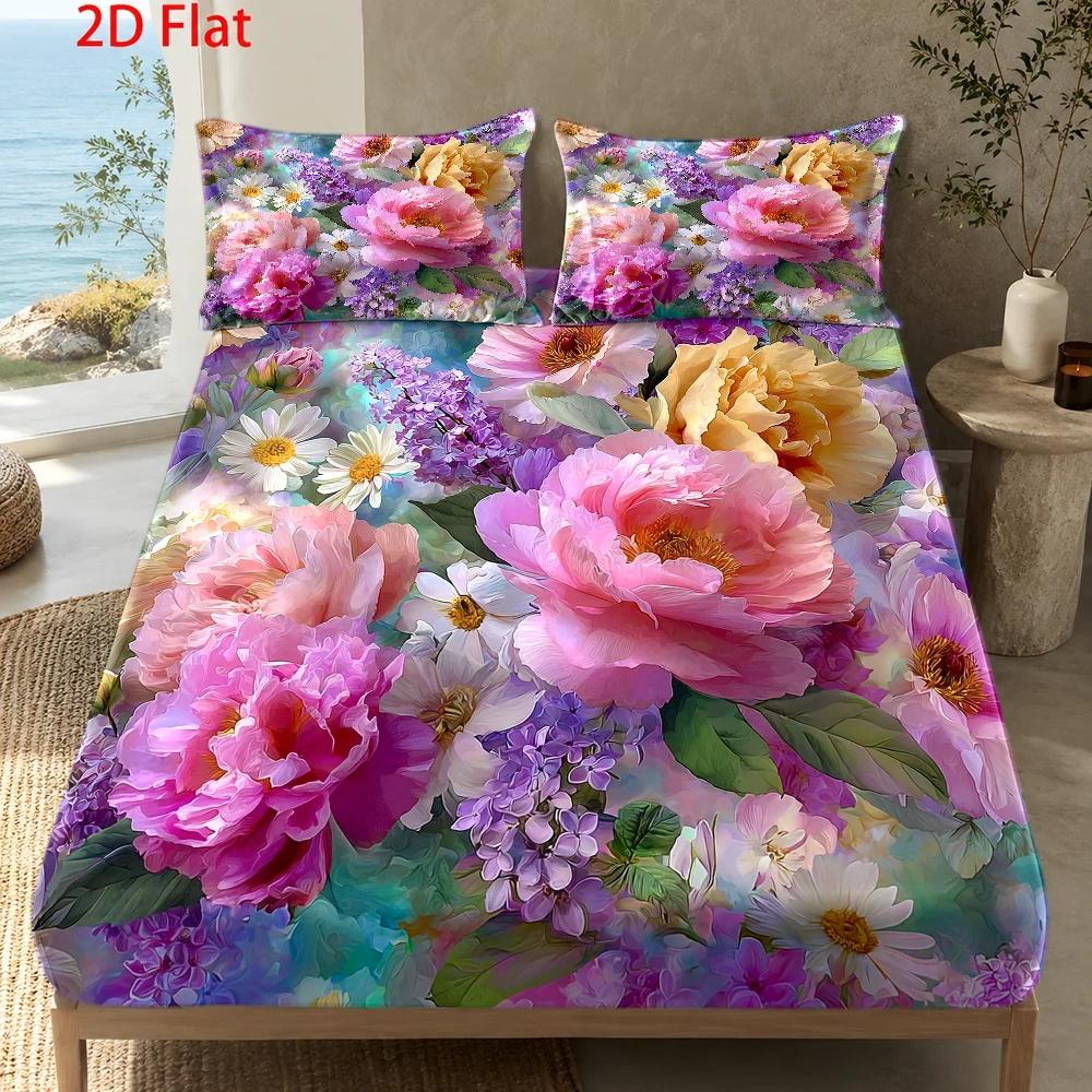 TEMU 3pcs Mattress Protector Set, 1 Fitted Sheet + 2 Pillowcases (no Filling) 2d Flat Printing, Garden Theme, Romantic Style, Spring Bloom, Home