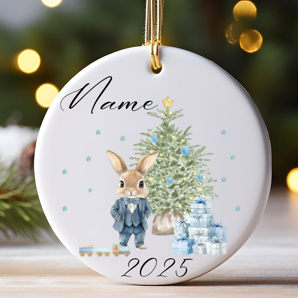 TEMU 1 Custom 2025 Christmas Ornament Featuring A Rabbit And A Christmas Tree, Home Decor Or As A Keepsake. Personalized Round Ceramic Christmas