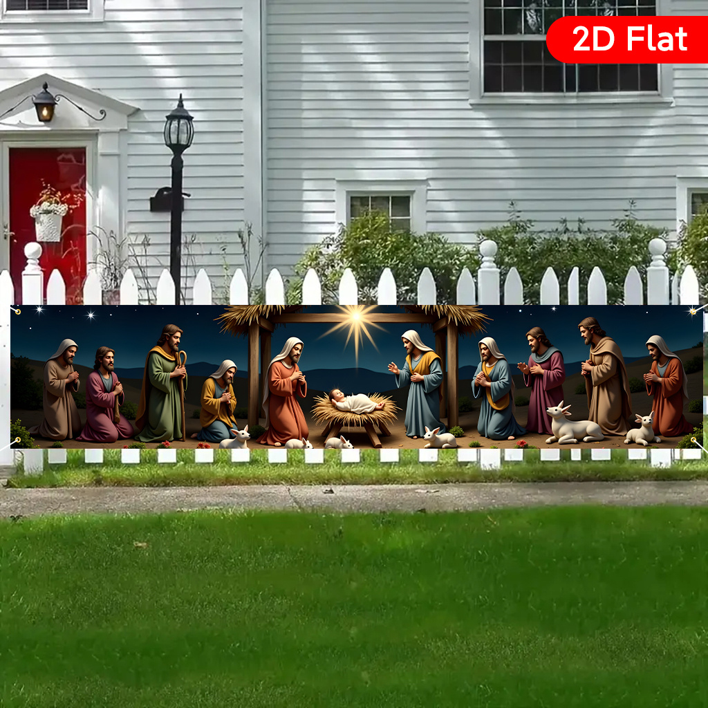 TEMU 1pc Large 17.7x78.7in Durable Polyester Nativity Scene Yard Banner - Vibrant 2d Flat Design With Mary, Joseph, Baby Jesus & Shepherds,