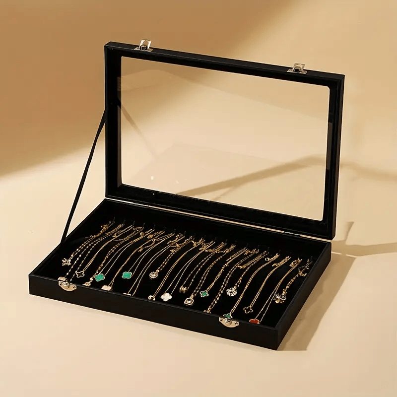   velvet jewelry box with clear glass lid, multi-compartment for necklaces and rings durable metal clasp ideal gift or personal use Product details 1