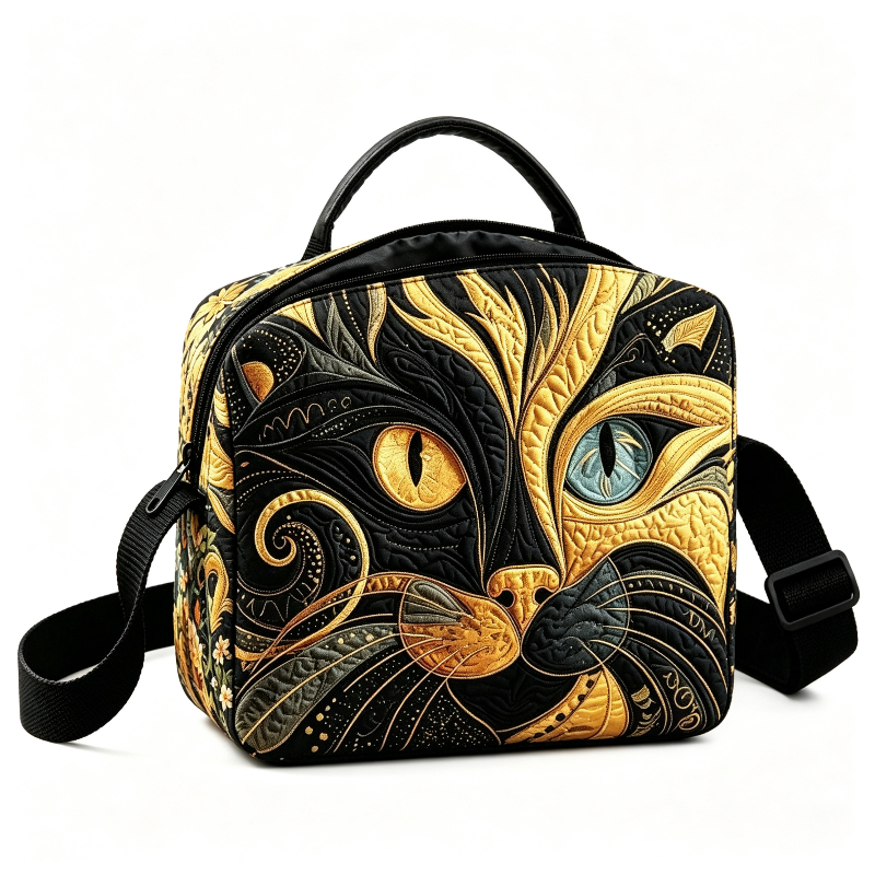 Yansewn Punk Style Crossbody Bag With Mysterious Cat Print & Cross- Spirit Cat - Adjustable Strap, Zipper Closure, Black & Golden Handbag Suitable For Daily Commuting, Travel, Casual Or Dressy Outfits