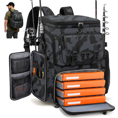 item picture rucksack professional 45l fishing backpack heavy duty 900d oxford tackle bag with 4 rod holders and movable divider large capacity gear for bag