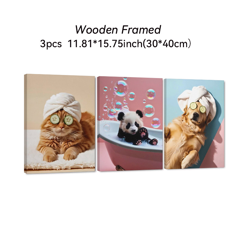 2d flat 2d flat 2d flat 3pcs cute bubble bath panda wall art pink tone healing bathroom canvas print modern minimalist wall decor for living room bedroom entryway adorable animal themed wall hanging wooden framed canvas painting