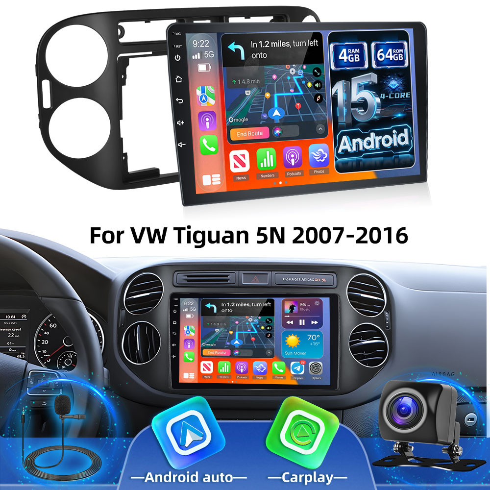 4+64 15 Car Stereo 9-inch Car Radio For Vw Tiguan 5n 2007-2016 With Car Gps Wireless Fm/rds/eq/usb Reversing Camera, Without Battery