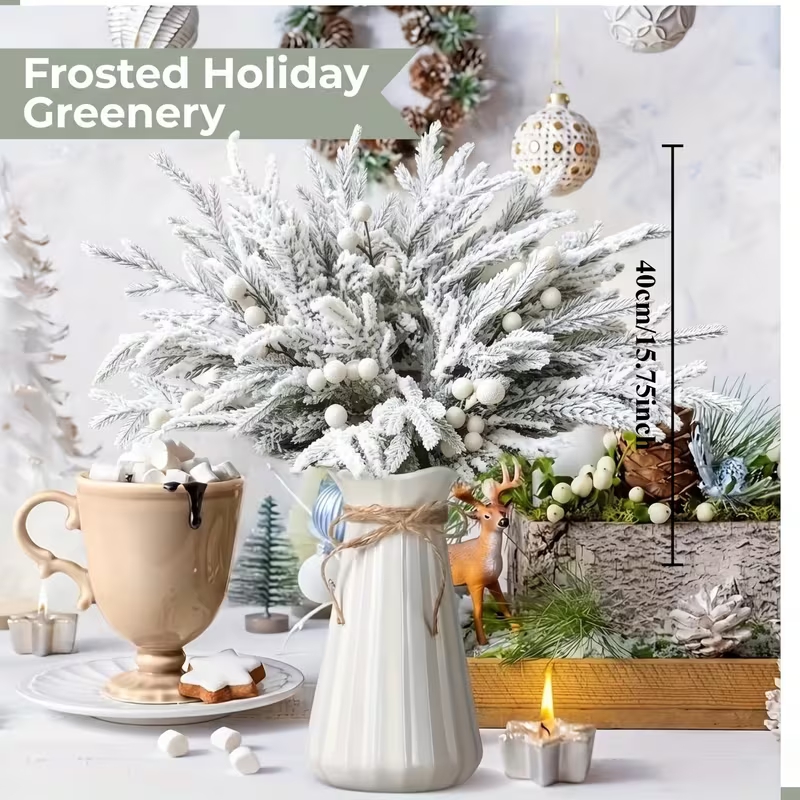 TEMU 18pcs Set - 10pcs Winter White Artificial Snow Scenery Pine Branches And 8pcs White , Simulated Snowflakes Norfolk Pine And White - Suitable For