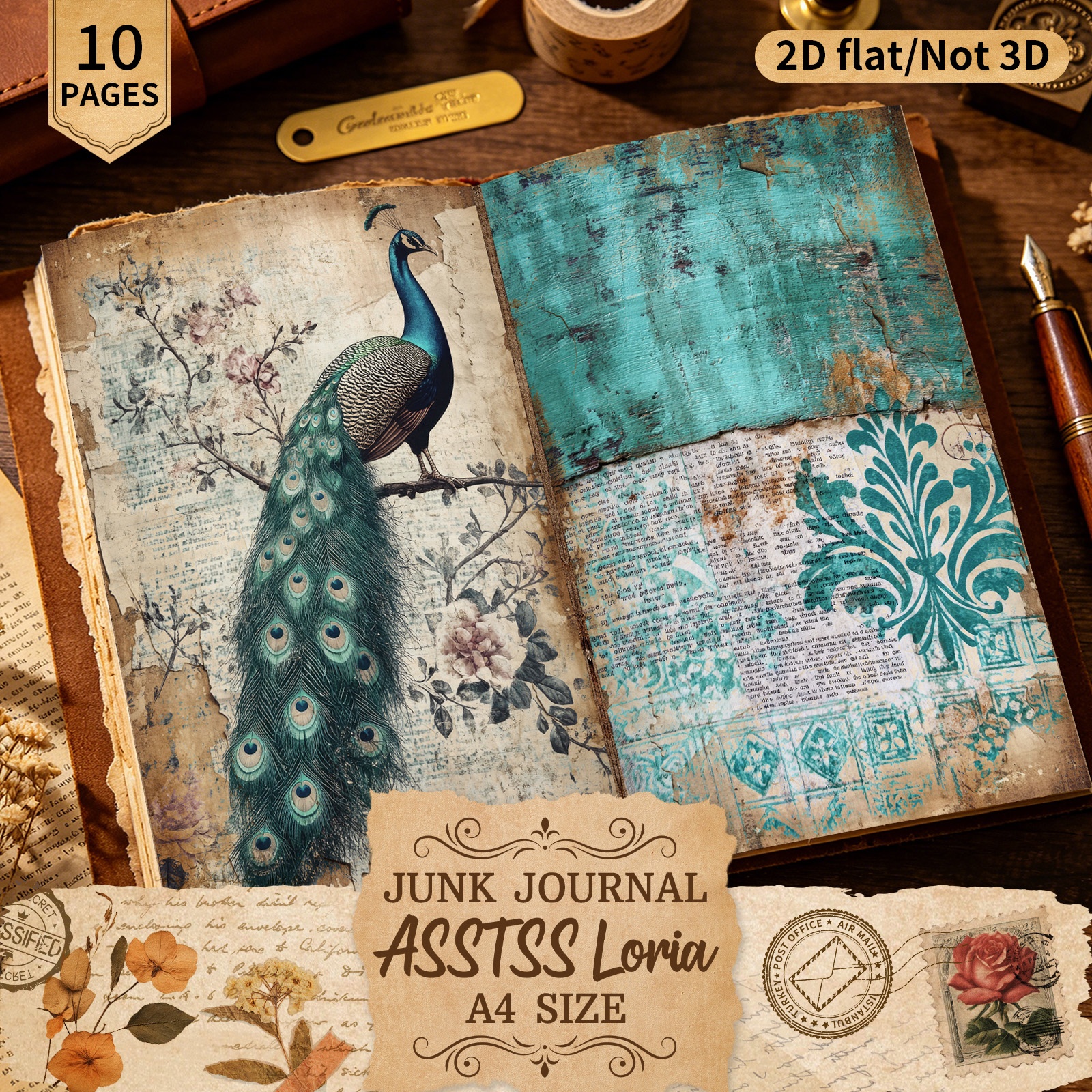TEMU Asstssloria 10 Sheets A4 2d Flat Vintage Pearooster, Blue Patterns Scrapbooking Paper Set, Handcrafted Junk Journal And Decorative Craft Paper,