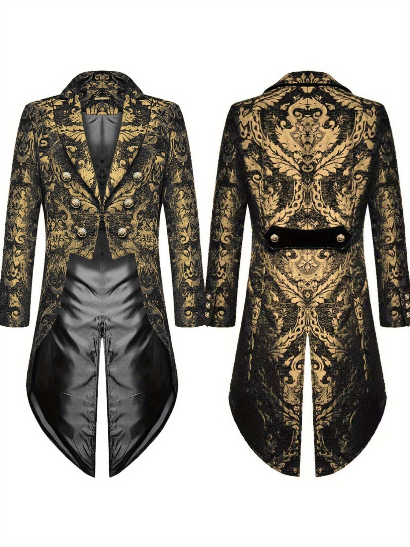 Men s Gothic Steampunk Tailcoat Jacket - Black Floral Jacquard Design, 100% Polyester, Machine Washable, Regular Fit for Weddings, Formal Events & Cosplay