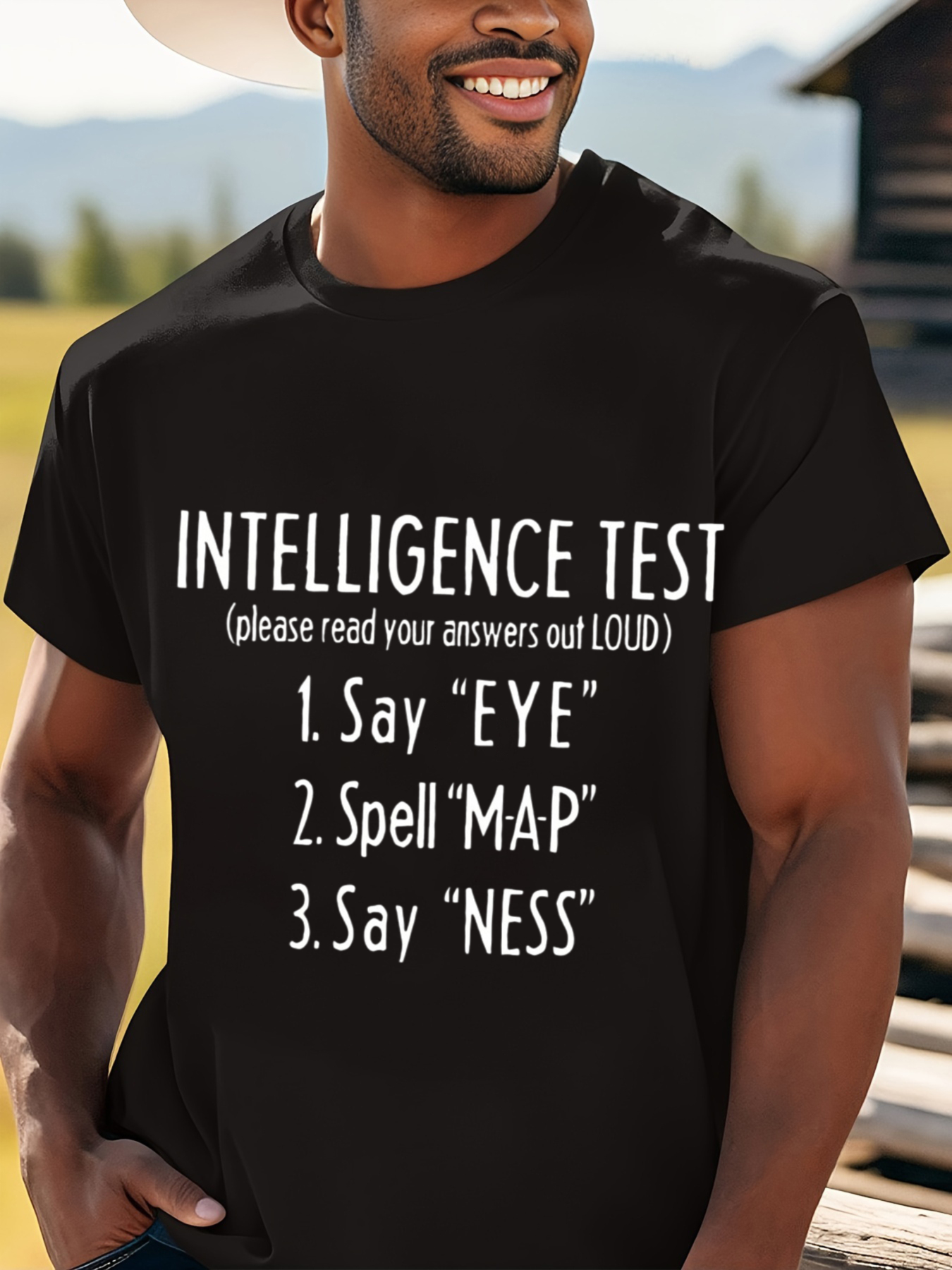 mens summer apparel featuring a humorous intelligence test design on a graphic tee