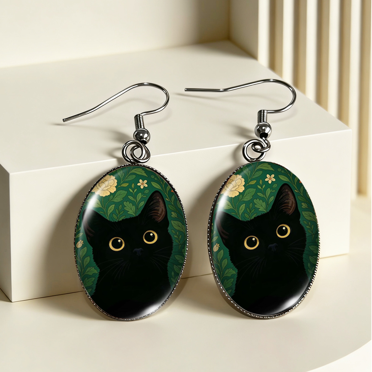 TEMU Green Pattern Black Cat Picture Hook Earrings Fashion Accessories Gifts