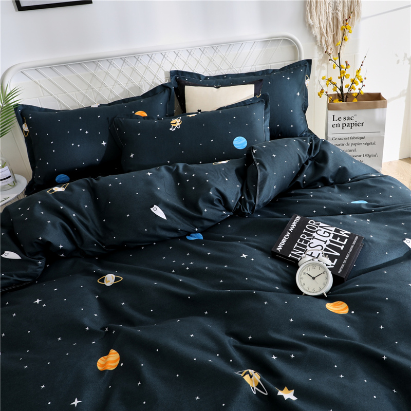 4pcs Set: Multi-Colored Planets + White Galaxy Stars Starry Sky Pattern, Modern Style Bedding (1 Duvet Cover + 1 Flat Sheet + 2 Pillowcases), Soft and Machine Washable Synthetic Fiber Fabric, Suitable for All Seasons, Does Not Include Comforter