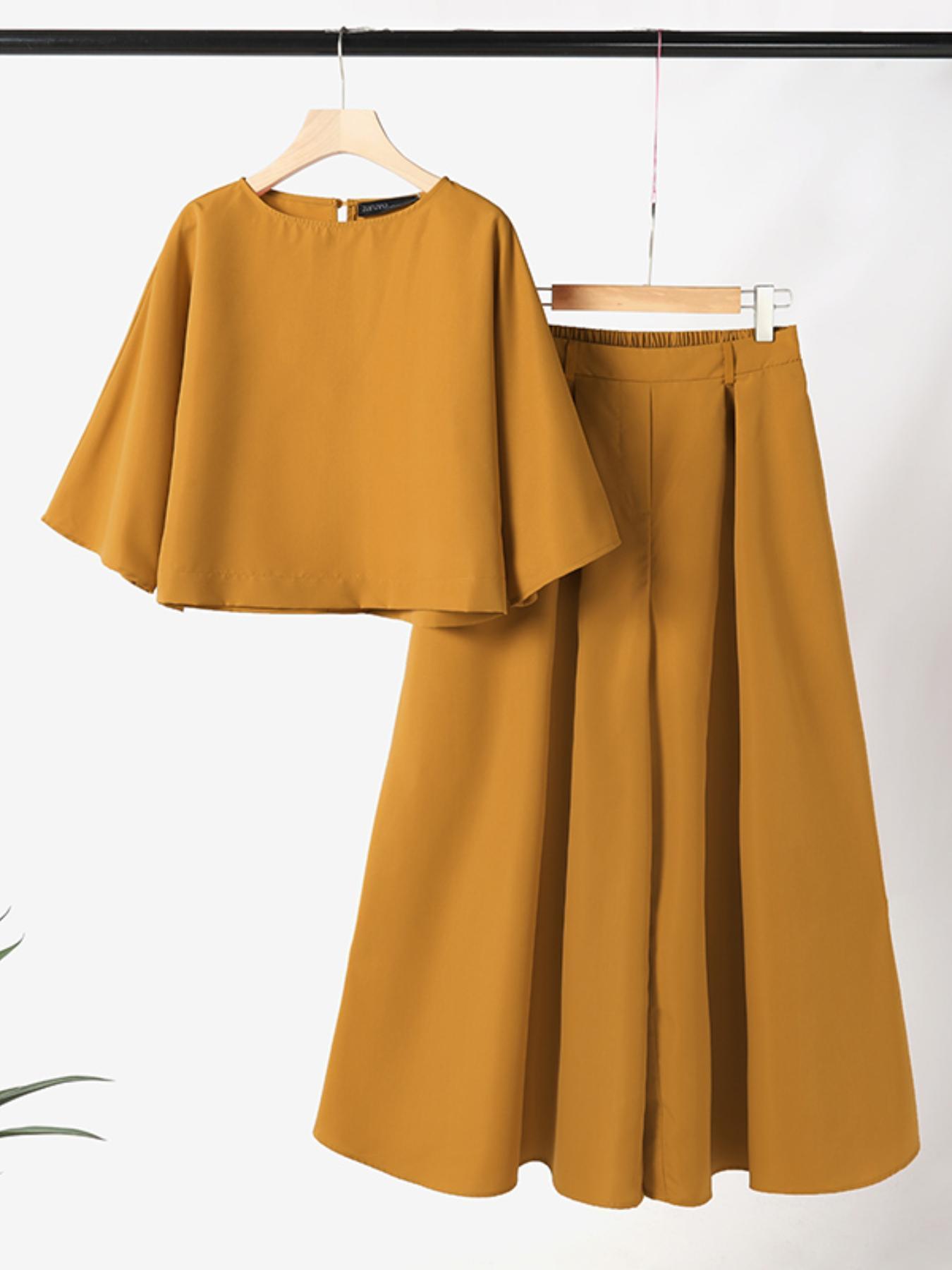 2pcs women sets oversized 3 4 sleeve blouse round neck baggy   and pants wide leg long trousers suits lightweight solid simple casual loose outfit plus size details 8